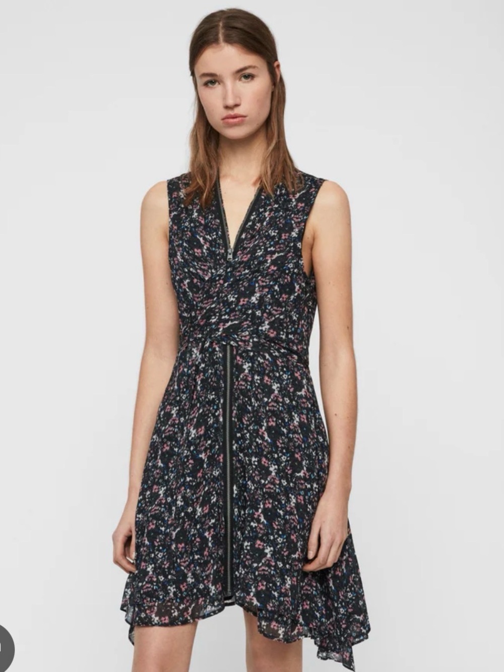 ALLSAINTS Jayda Scatter Dress XS Floral Zip Front Asymmetrical Hem Grunge Boho